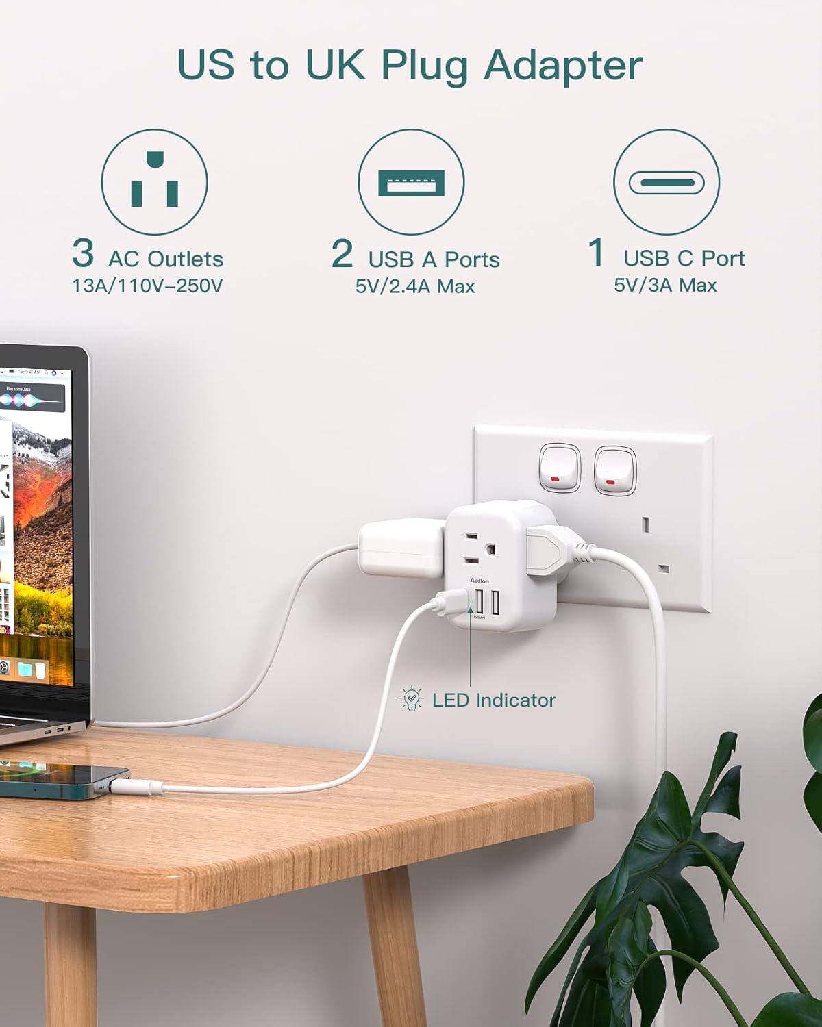 US to UK Ireland Plug Adapter, Addtam Type G Power Adapter with 3 AC Outlets and 3 USB(1 USB C), Travel Essentials for USA to Dubai Scotland British London England Hong Kong Irish - Image 2