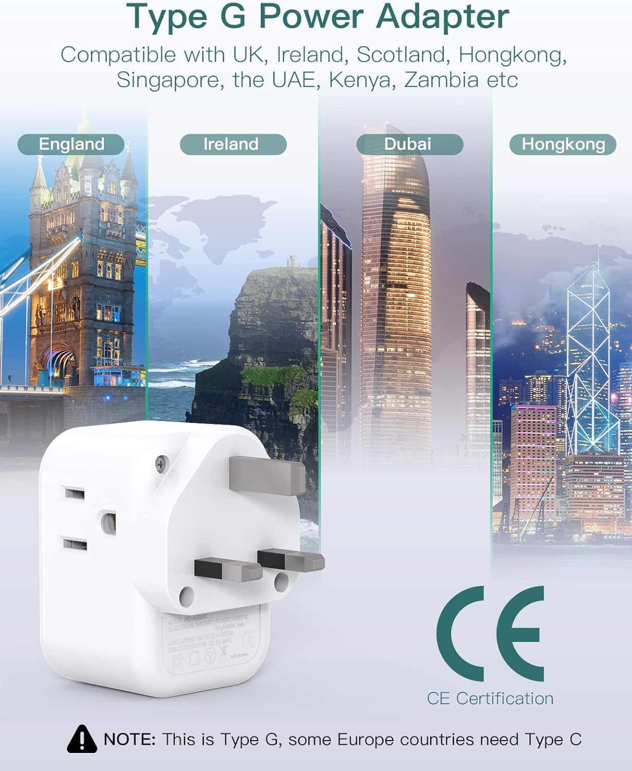 US to UK Ireland Plug Adapter, Addtam Type G Power Adapter with 3 AC Outlets and 3 USB(1 USB C), Travel Essentials for USA to Dubai Scotland British London England Hong Kong Irish - Image 4
