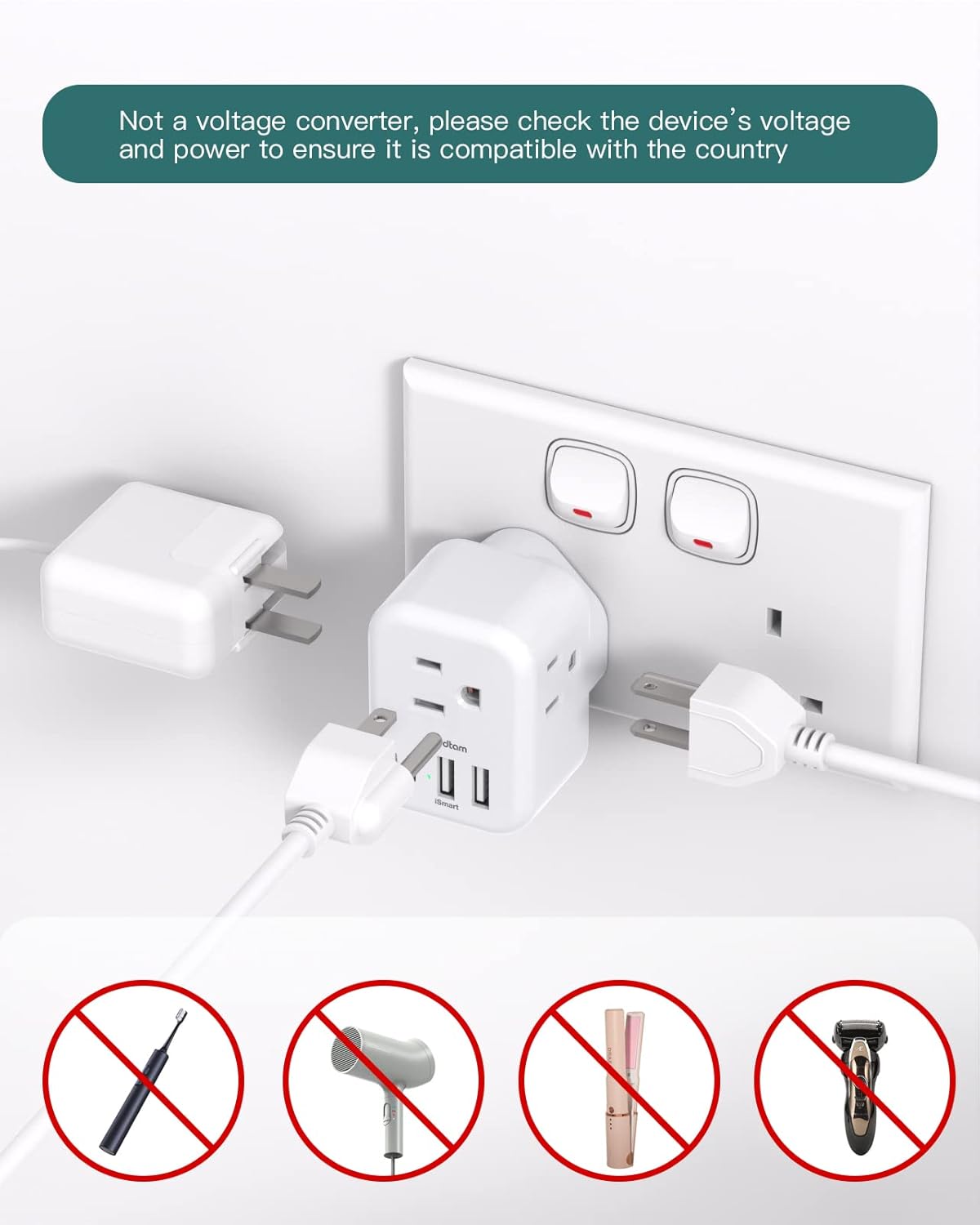 US to UK Ireland Plug Adapter, Addtam Type G Power Adapter with 3 AC Outlets and 3 USB(1 USB C), Travel Essentials for USA to Dubai Scotland British London England Hong Kong Irish - Image 7